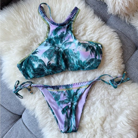 PilyQ Stitch Gypsy Halter Bikini in Mai Tai Tropical Palm Print - Picture 2 of 4
